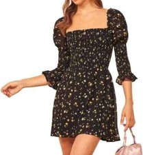 Reformation LouLou Mini Dress XL Ditsy Floral Venezia Black Ruched Square Neck