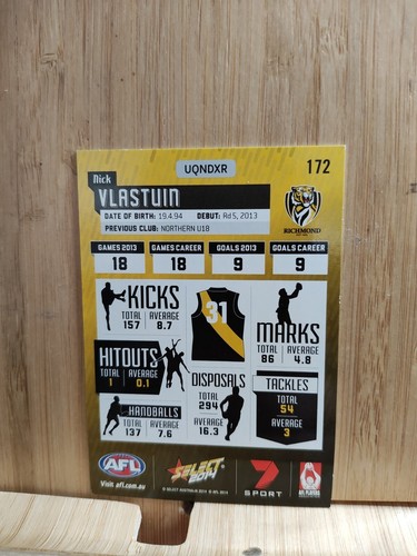 NICK VLASTUIN 🏆2014 Select Champions #172 TIGERS AFL Trading Card🏆FREE POST - Picture 2 of 2