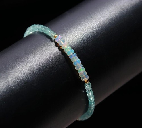 A++ Fire Opal & Aquamarine 2 Multi Faceted Rondelle Gemstone Beads Bracelet 6-8" - Picture 3 of 10