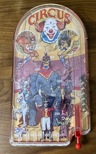 Vtg Circus Handheld Toy Pinball Game Schylling Tin Retro Circus 2002 Balls