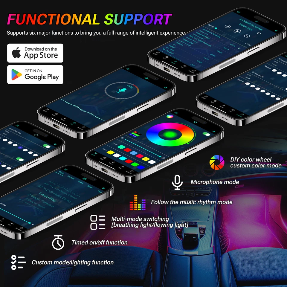 For Hyundai Elantra 72 LED Car Interior Atmosphere Strips RGB Lights Floor Decor - Image 4 of 4