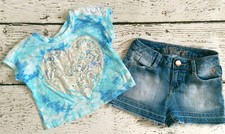 JUSTICE 7 Girls Blue Sequin Heart Cropped Shirt  Denim Jean Shorts DC-TT20