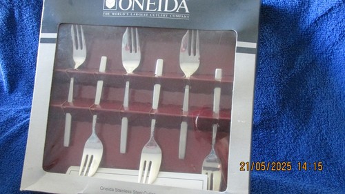 Vintage 70er Jahre Oneida 6er Set Edelstahl Gebäckgabeln Melissenmuster