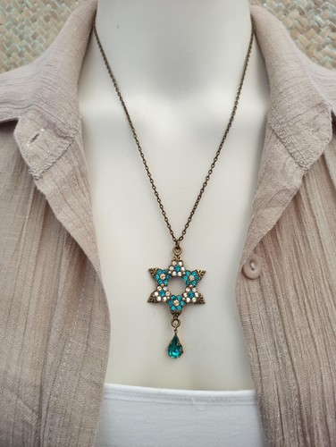 Michal Negrin Necklace Star of David White Blue Turquoise Crystals Israel Gift - Picture 3 of 17