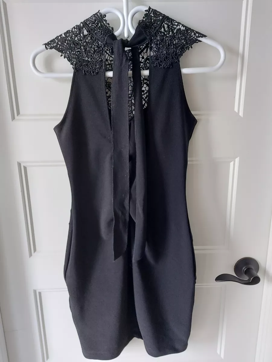 LE CHATEAU little BLACK FITTED MINI DRESS LACE FRONT SLEEVELESS XS 339351