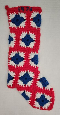 FREE Vintage Handmade Patriotic Year 1976 Crochet Christmas 16  Stocking Granny