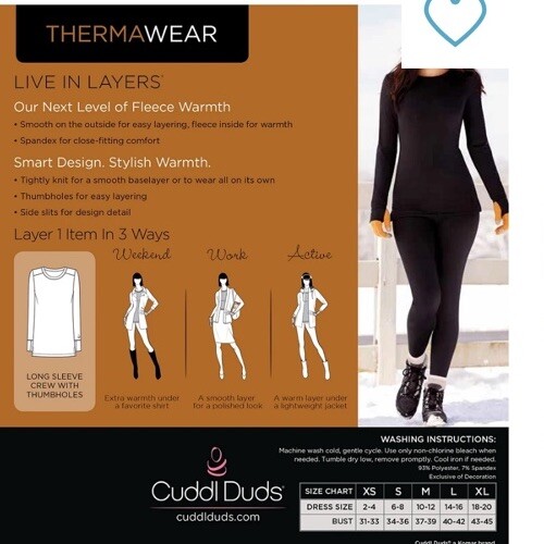 NEU Cuddl Duds Langarm Rundhals Damen Base Layer Schwarz M - Bild 2 von 4