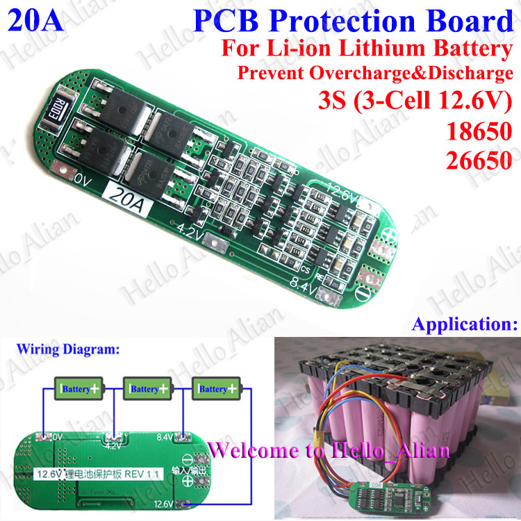 3S 12.6V 20A LiPo BMS Board – Battery Management System For 3-Cell LiPo, 18650, 26650 Batteries, 252W Max