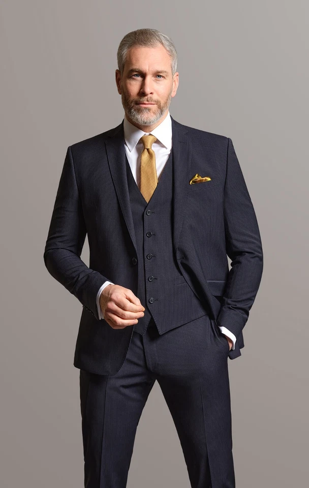 Navy Blue Pinstripe Three Piece Suit Slim Fit Tom Percy - Image 3 of 4
