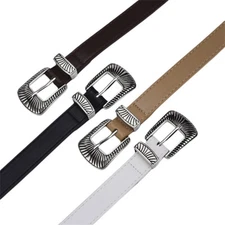 Women Skinny Solid Metal Silver Buckle Faux Leather Narrow Belt Pants Waistband