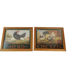 Vintage Chicken and Hen Pictures Framed Prints Farmhouse Country 9" X 11" Two 