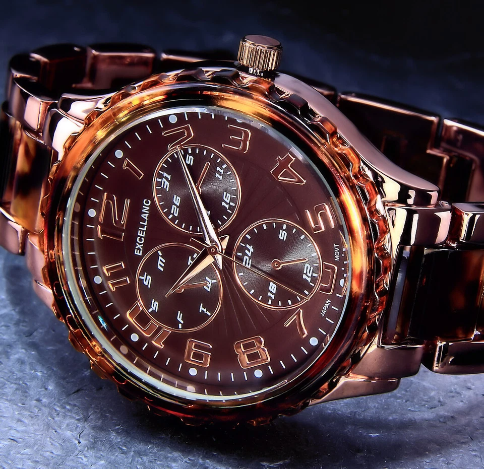 Excellanc Damen Armband Frauen Uhr Braun Rose Gold Farben Bernstein Look BRG38  - Bild 2 von 3