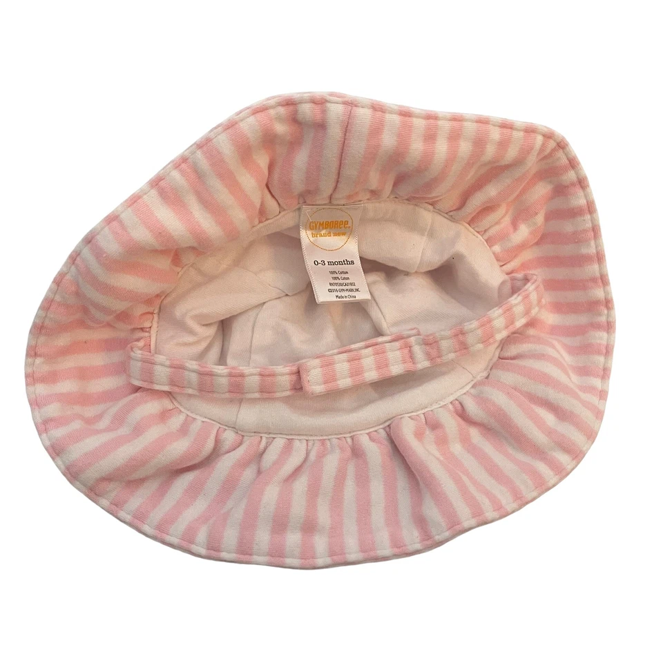 Gymboree Bucket Hat 0-3M Girls Pink White Stripes Chin Strap - Image 3 of 4