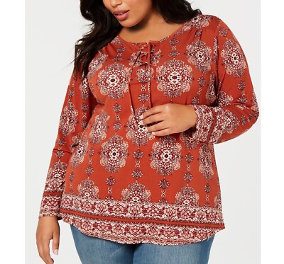 Style & Co Womens S Brown Medallion Wonder Lace Up Long Sleeve Top NWT