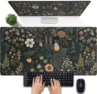Dark Flower Desk Mat Floral Plants Mouse Pad, Aesthetic Wildflowers Large Gaming