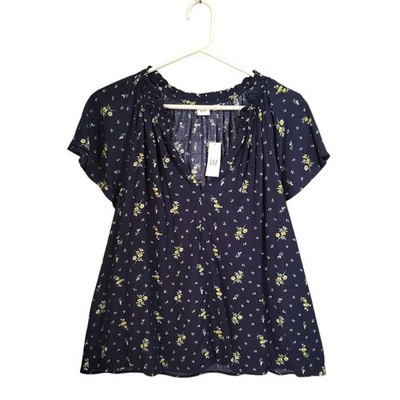GAP Top Blouse Size L Split-Neck Navy Blue & Yellow Floral Flutter Sleeve NWT