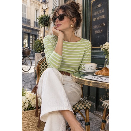 Saint James, Saint James Lime Green White Striped Long Sleeve Breton Top Made in France L