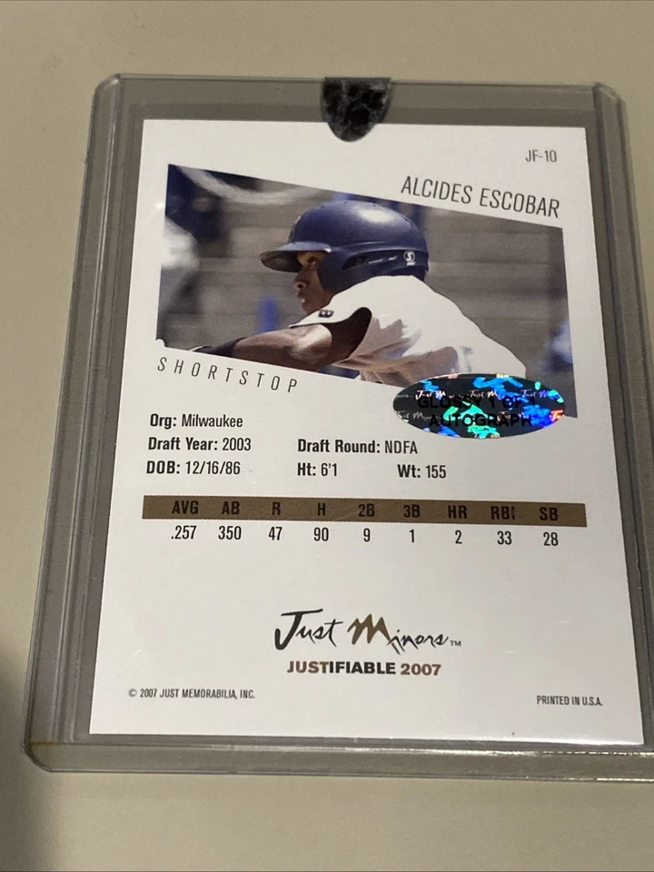 2007 Just Minors Justifiable Alcides Escobar Uncirculated Auto 1/1 Rookie RC - Image 2 of 2