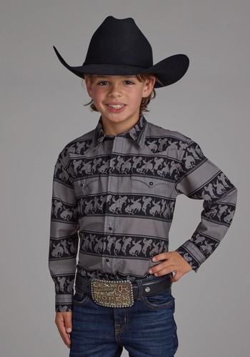 Roper Kids Boys Horizontal Rodeo Stripe Black 100% Cotton L/S Shirt - Picture 1 of 3