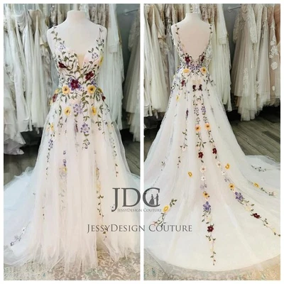 Bohemian Farbiges Ballkleid Brautkleid 32-60 Blumen Träger Blätt Garten Hochzeit - Bild 1 von 4