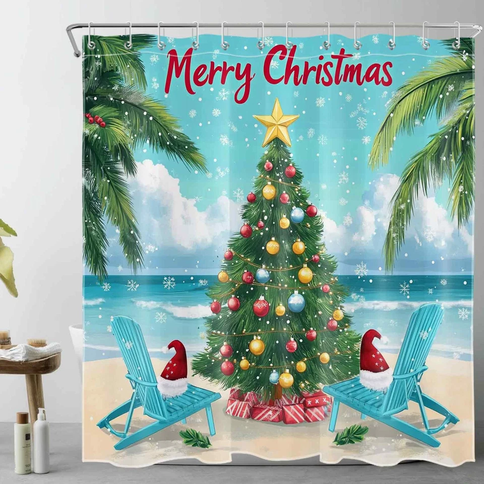 Juego de cortinas de ducha de Navidad de playa de árbol de Navidad verde tropical para decoración de baño Foto 2 de 4