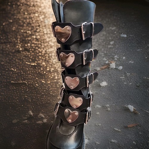 Demonia Womens Boots Swing #230 Black Heart Buckles Goth Platform Chunky Size 9 - Picture 7 of 12