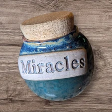 Tumbleweed Pottery MIRACLES Blue Brown Green Stoneware Jar Cork Lid Piggy Bank