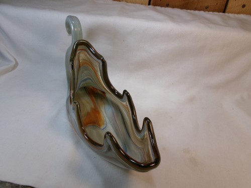 Vintage White and Browns Swirl Blown Glass Swan Bowl Candy Dish - Picture 2 of 6