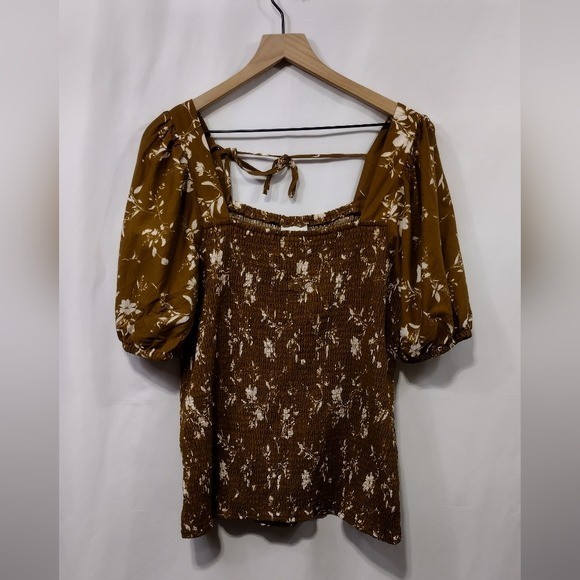 Floral Puff Sleeve Smocked Blouse in Brown Cottagecore Peasant Style by Ava Viv