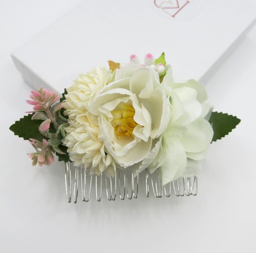 Bridal Bouquet Hair Comb Romantic Floral White Rose Silk Flower Hairpin - Picture 3 of 10