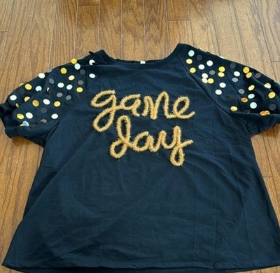 BiBi Game Day Sequin Accent Textured Lettering Black Gold T-Shirt XL