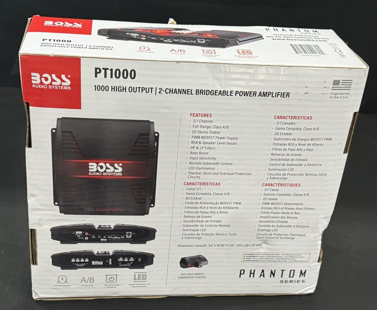 BOSS Audio PT1000 2-Channel Car Amplifier - 1000 Watts Max, Class A/B, MOSFET, Bridgeable, Remote Sub Control