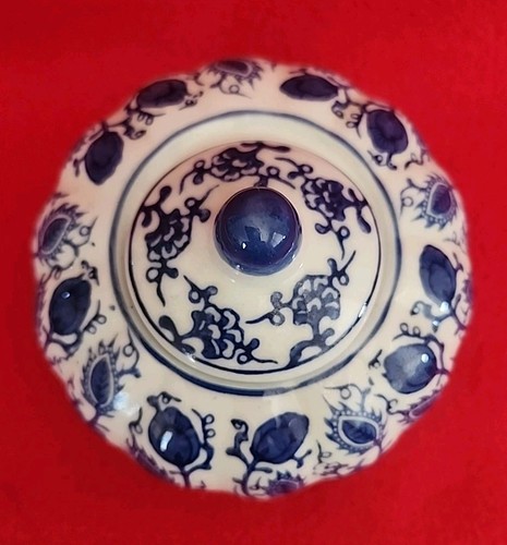 Barattolo e coperchio zenzero cinese vintage blu e bianco disegno floreale 5" - Foto 3 di 5