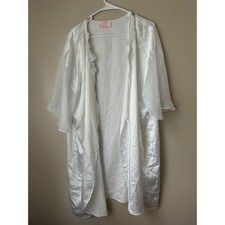 Vintage White Satin Robe Sheer Sleeves Floral Lace Trim Romantic Coquette