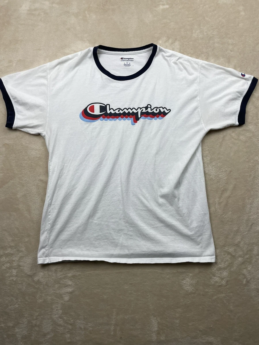 Champion Men s White Red Blue Spell Out Short Sleeve T Shirt Size L