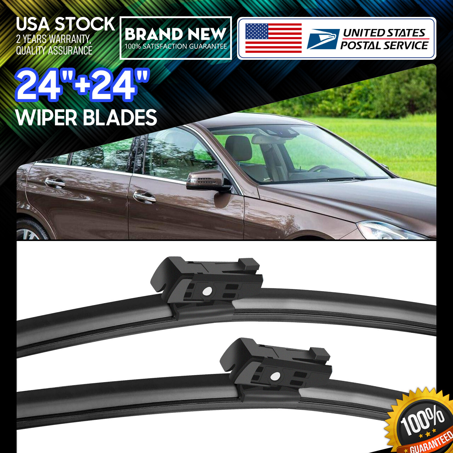 Waterproof Top Lock 24''+24'' Premium Bracketless Windshield Wiper Blades /pair