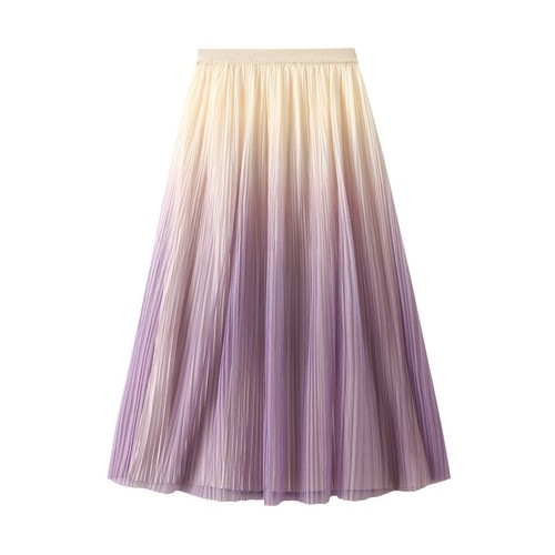 Women Elastic High Waist Pleated Skirt A Line Midi Party Skirt Gradient Color - Picture 1 of 19