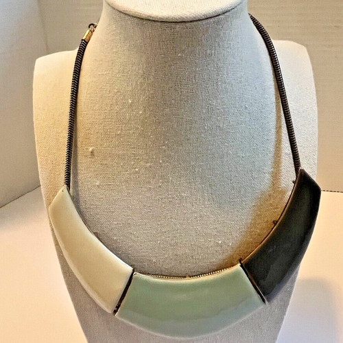 MCM Necklace Enamel  Geometric Collar Classy Elegant Green Black Cream Mod Glam