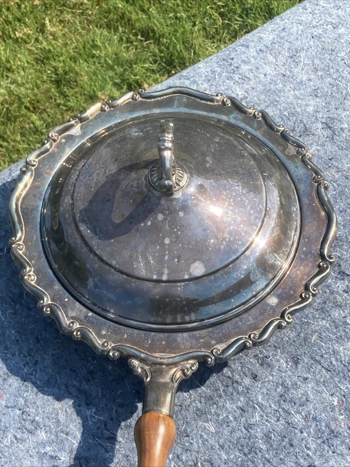 Rogers Silver Plate Warming Chafing Dish Wood Handle Large 13" Diameter Scrolls - Image 2 of 4