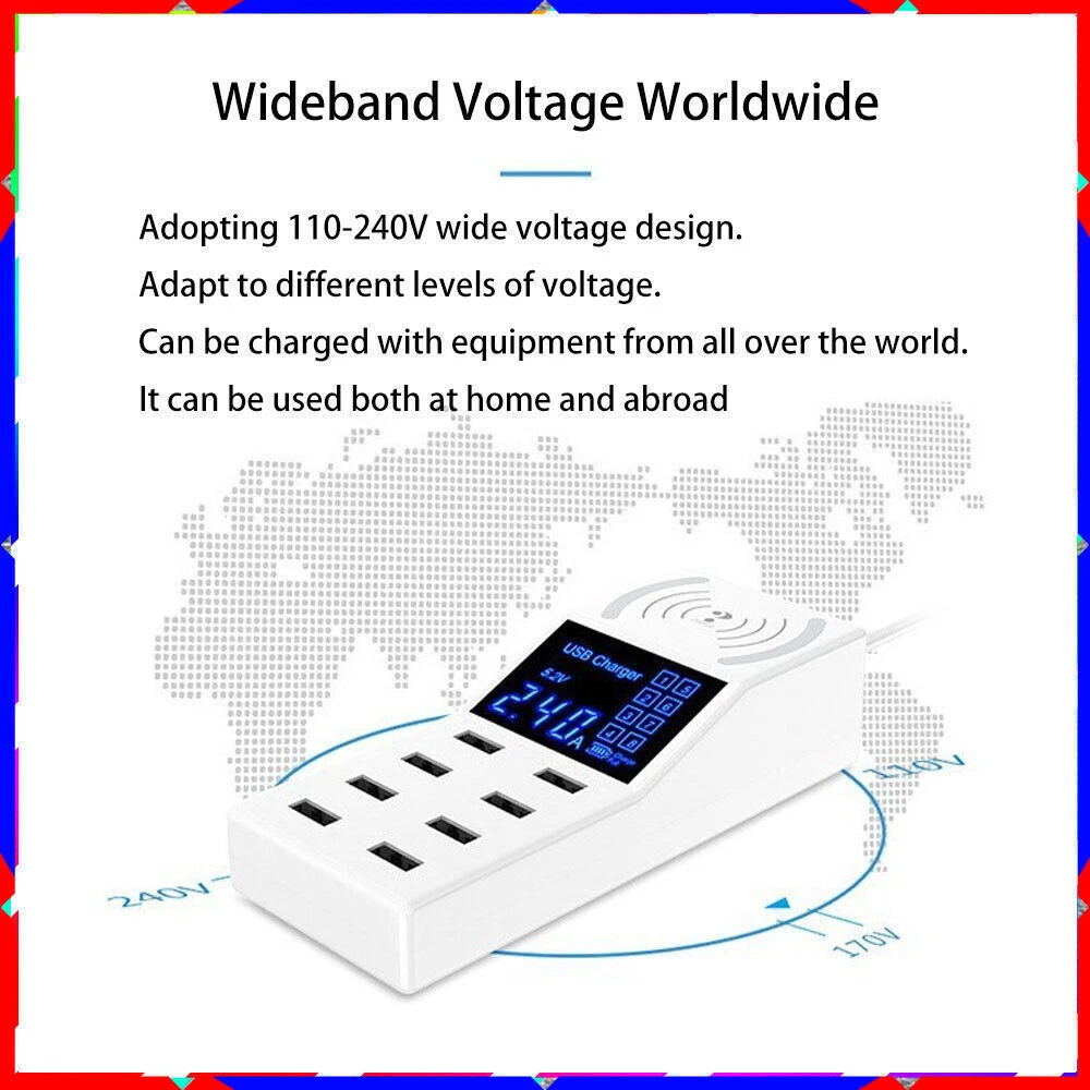 8-Port USB Hub with Wireless Charging Pad & Non-Slip Base 5V8A 8-Port USB Hub with Wireless Charging Pad & Non-Slip Base 5V8A