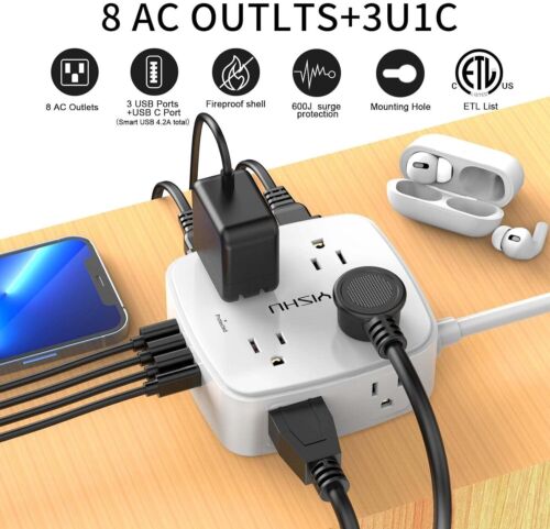 Tira de alimentación protectora contra sobretensiones - Cable de extensión de enchufe plano de 6 pies con 8 tomas de corriente amplias - Imagen 2 de 6