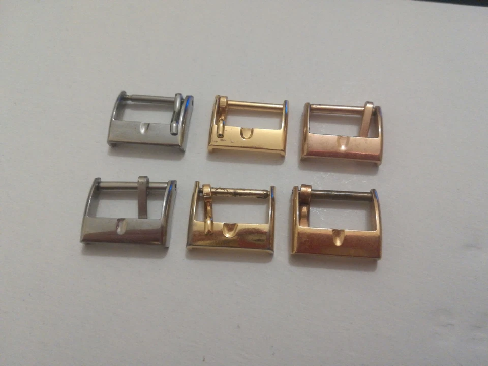 LOTTO 6 FIBBIE VINTAGE MISURA 14 MM IN ACCIAIO COLOR ARGENTO ORO GIALLO E ROSA - Immagine 2 di 4