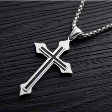 Silver-Tone 2" Cross Black Overlay Pendant With 22" Necklace New Free Ship 8813