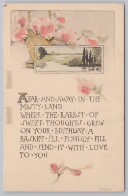 Birthday Greetings~Flower Basket Over Misty Land~M Vana Signed~Fairman Co Vtg PC