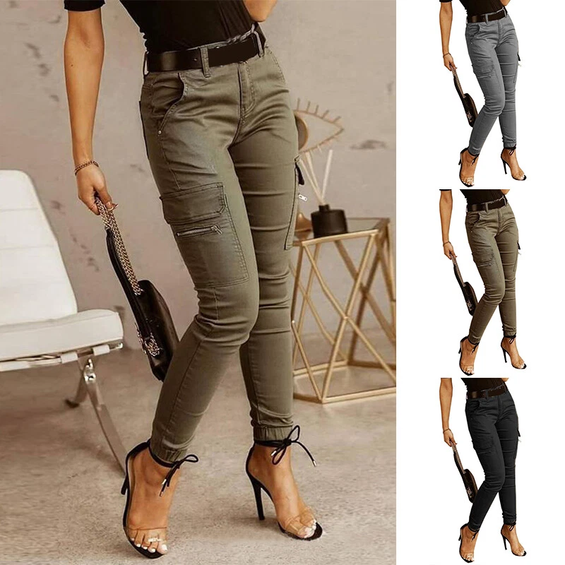 Women Skinny Cargo Pants Stretch Casual Comfy Joggers Lady Trouser Bottoms  Solid