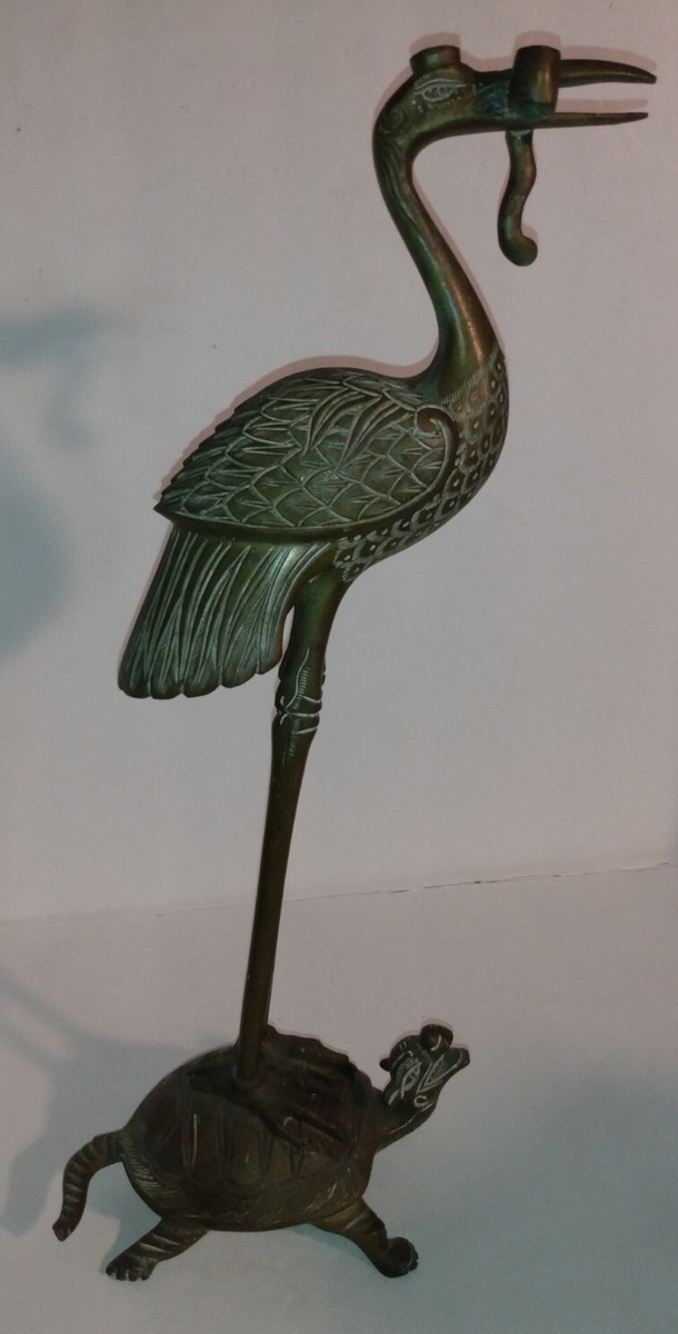 その他 Crane and Tortoise Carved Paperweight Vintage EXQUISITELY HAND CARVED Brass Crane Standing On Turtle