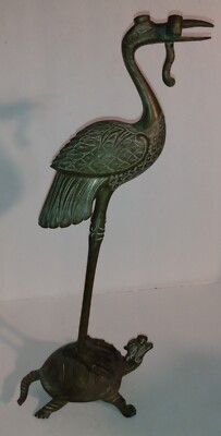 Vintage EXQUISITELY HAND CARVED Brass Crane Standing On Turtle