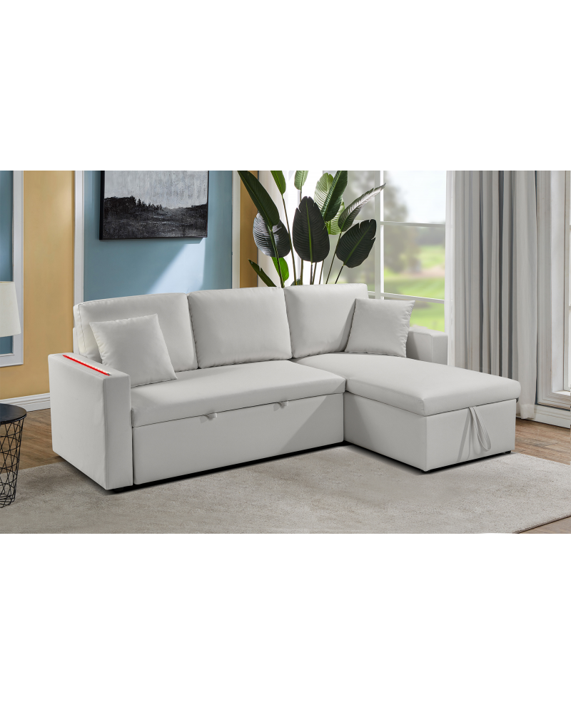 Divano letto contenitore, reversibile angolare, led, ecopelle