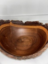 Vintage Hand Crafted Walnut Wooden Bowl Live Edge Bark Artisan Signed