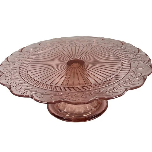 Vintage Depression Pink Glass Pedestal Cade Stand Scalloped Etched Vines 9.5"